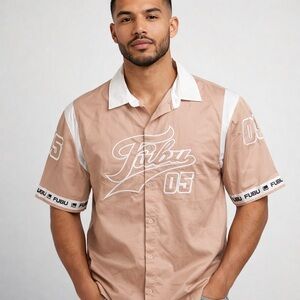 FUBU Men's Beige and White Short-Sleeve Button Shirt